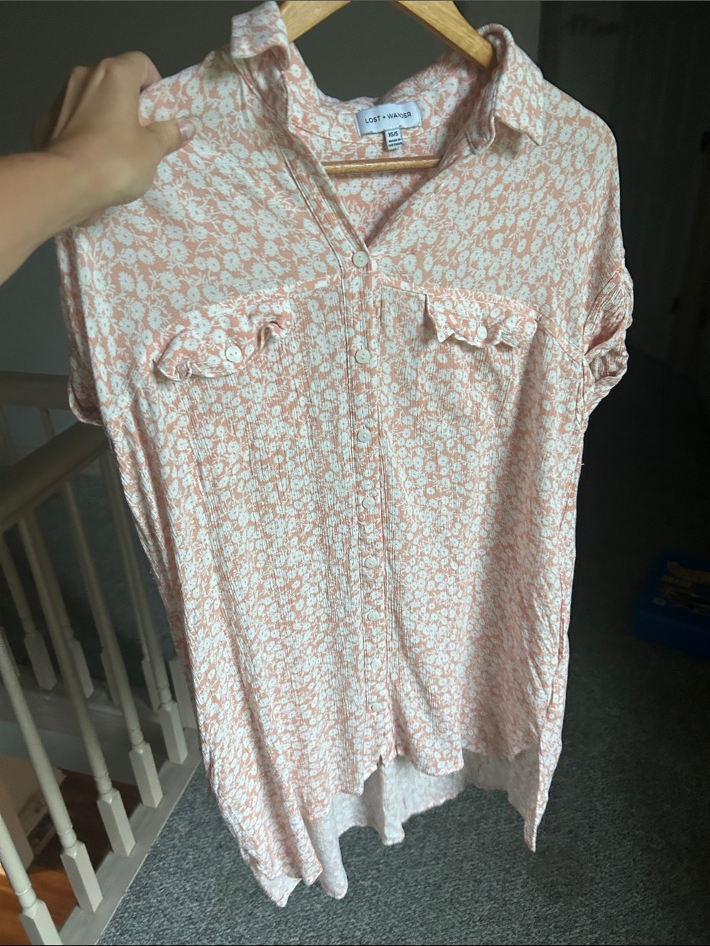 Lost + Wander Peach and White Floral Button-Up Tunic Dress